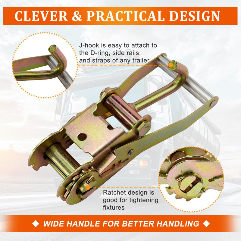 BOKE YOUNG 2-inch Ratchet Tie Down Buckle with J-Hook Tie Down Used for Car Trailer Flatbed Truck Fastening Cargo (2 Pack) - Image 2